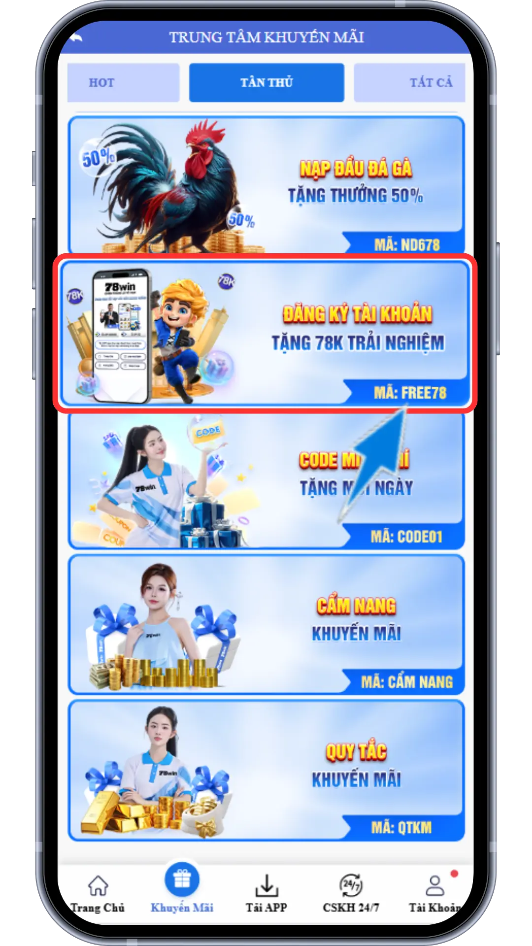 Bước 2: Chọn mã khuyến mãi "FREE78"